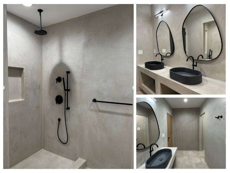 Collage of three images showcasing a modern bathroom with a walk-in shower finished in Meoded Concretta plaster on both the walls and shower pan, highlighting the seamless, cohesive design and refined texture from multiple angles.