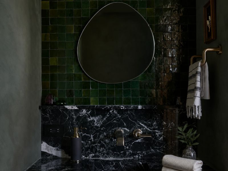 lime wash bathroom walls in Olive by Natalie Myers