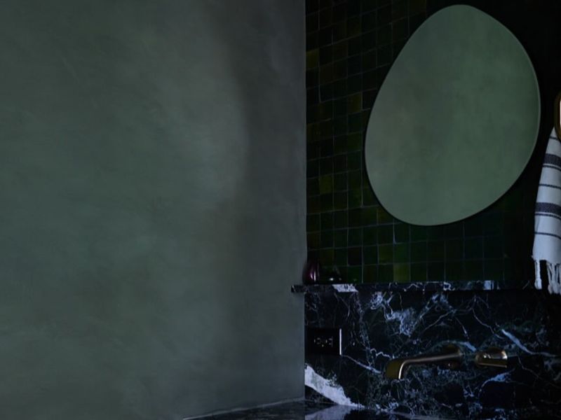 limewashed bathroom walls with Olive lime wash paint