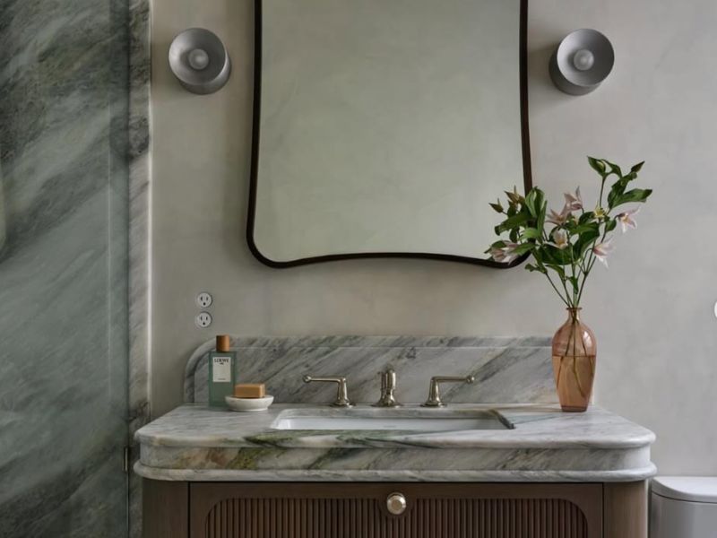 Slate lime wash bathroom wall finish by Manes Design